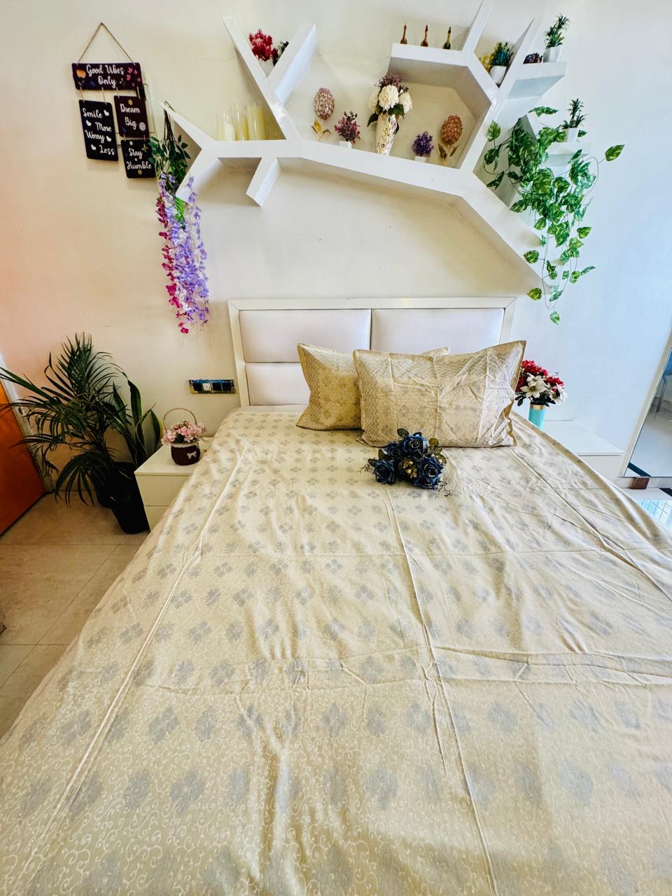 SILVER PRINT DIAMOND MOTIFS BEIGE PURE COTTON BEDSHEET