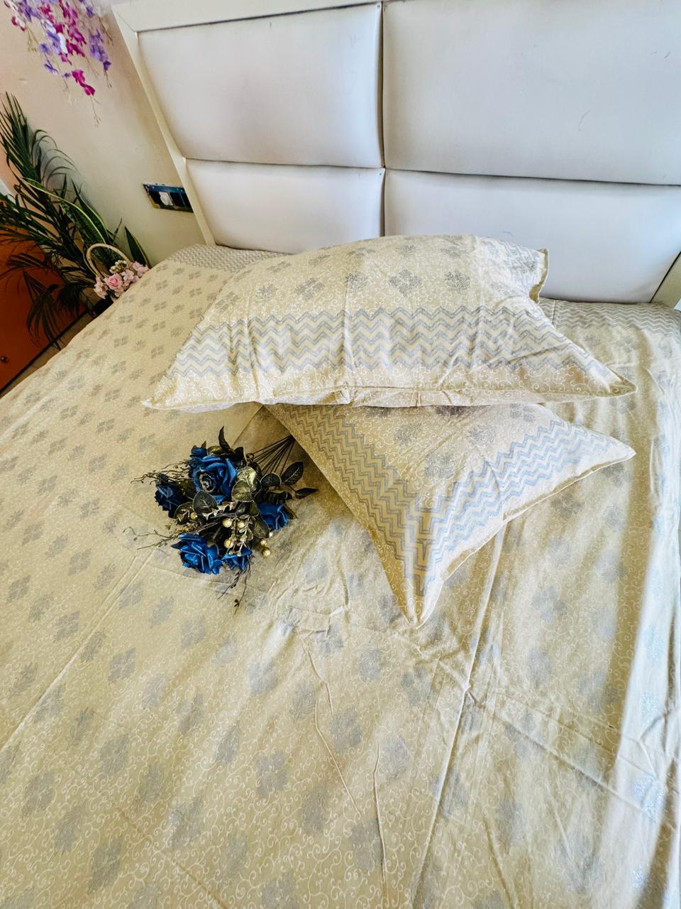SILVER PRINT DIAMOND MOTIFS BEIGE PURE COTTON BEDSHEET