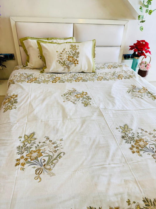 Pure Cotton Haryali Floral Designer Off White Bedsheet