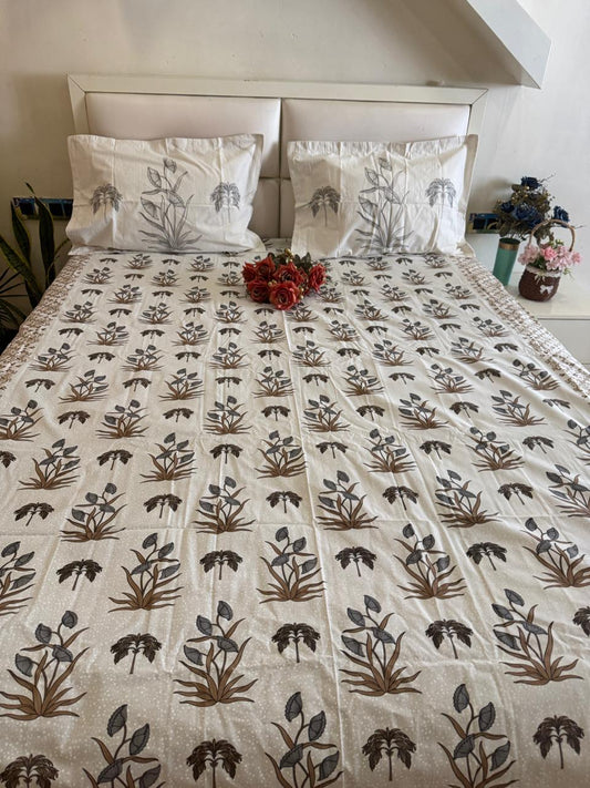 Pure Cotton Brown Blossom King Size Bedsheet