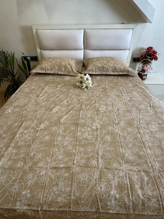 Soft Cotton Beige Blossom King Size Bedsheet