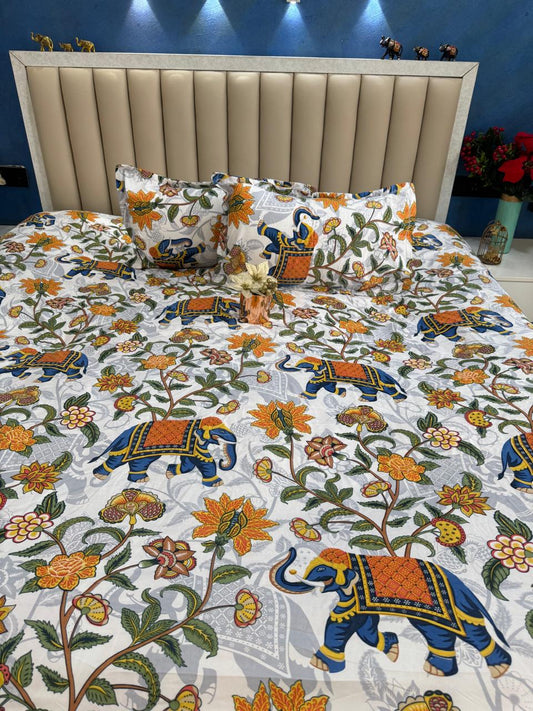 FITTED KING SIZE ELEPHANT PRINT GLACE COTTON WHITE BEDSHEET