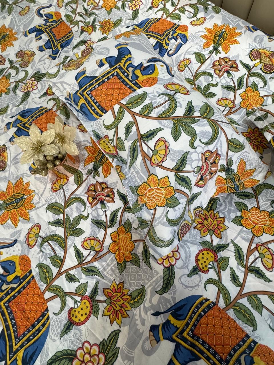 FITTED KING SIZE ELEPHANT PRINT GLACE COTTON WHITE BEDSHEET