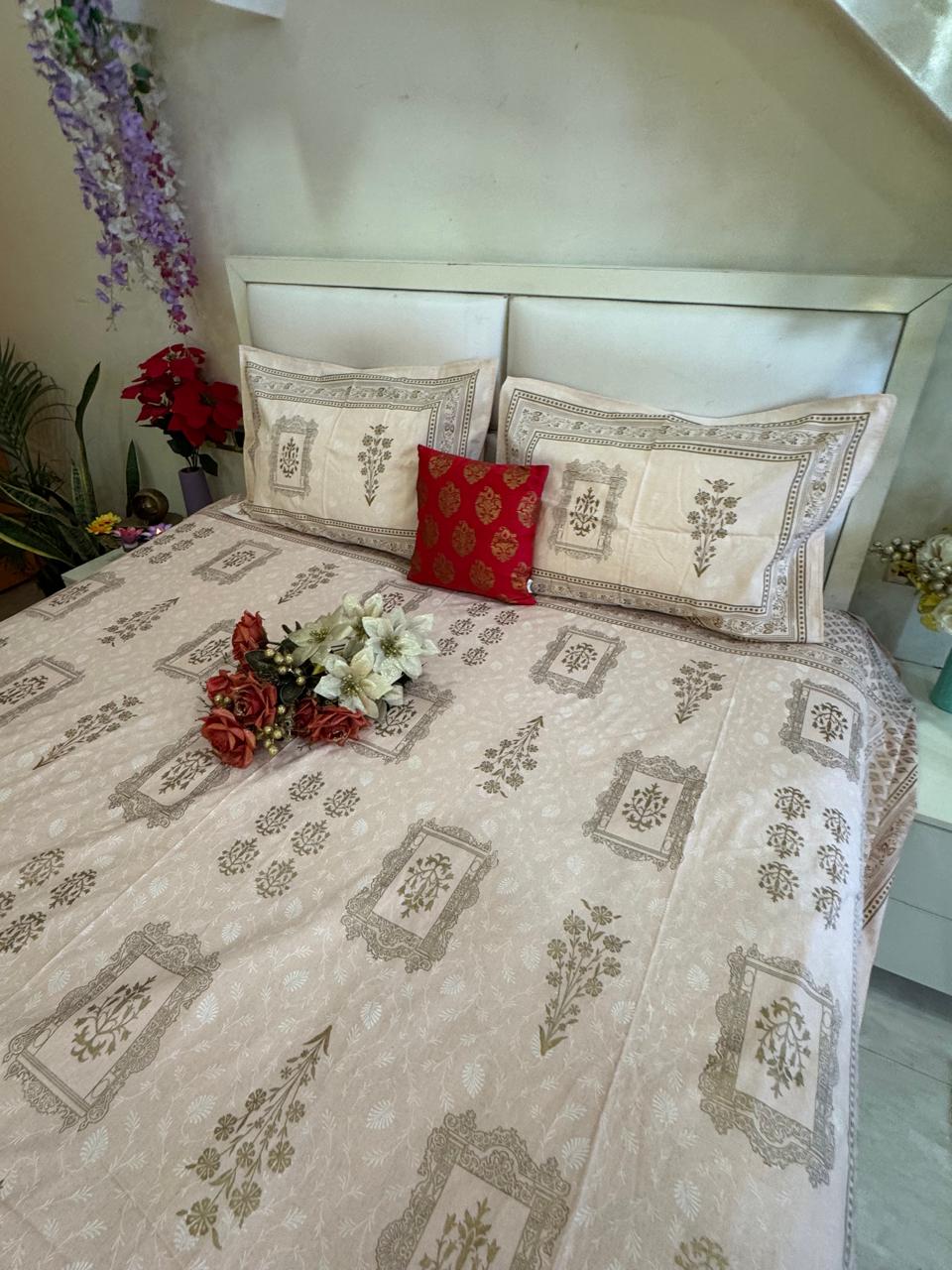 GOLD PRINT RECTANGLE MOTIFS PEACH PURE COTTON BEDHSEET
