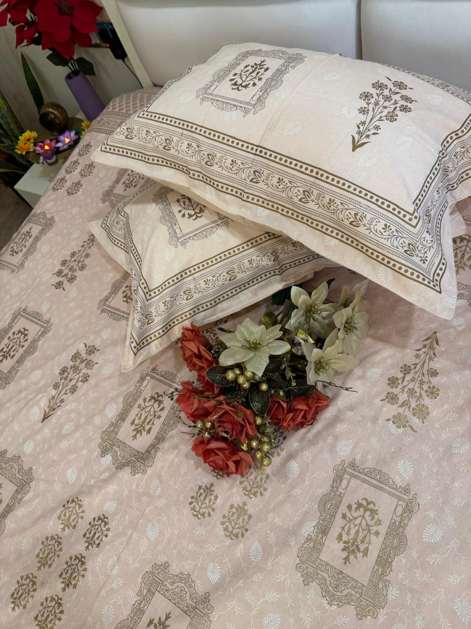 GOLD PRINT RECTANGLE MOTIFS PEACH PURE COTTON BEDHSEET