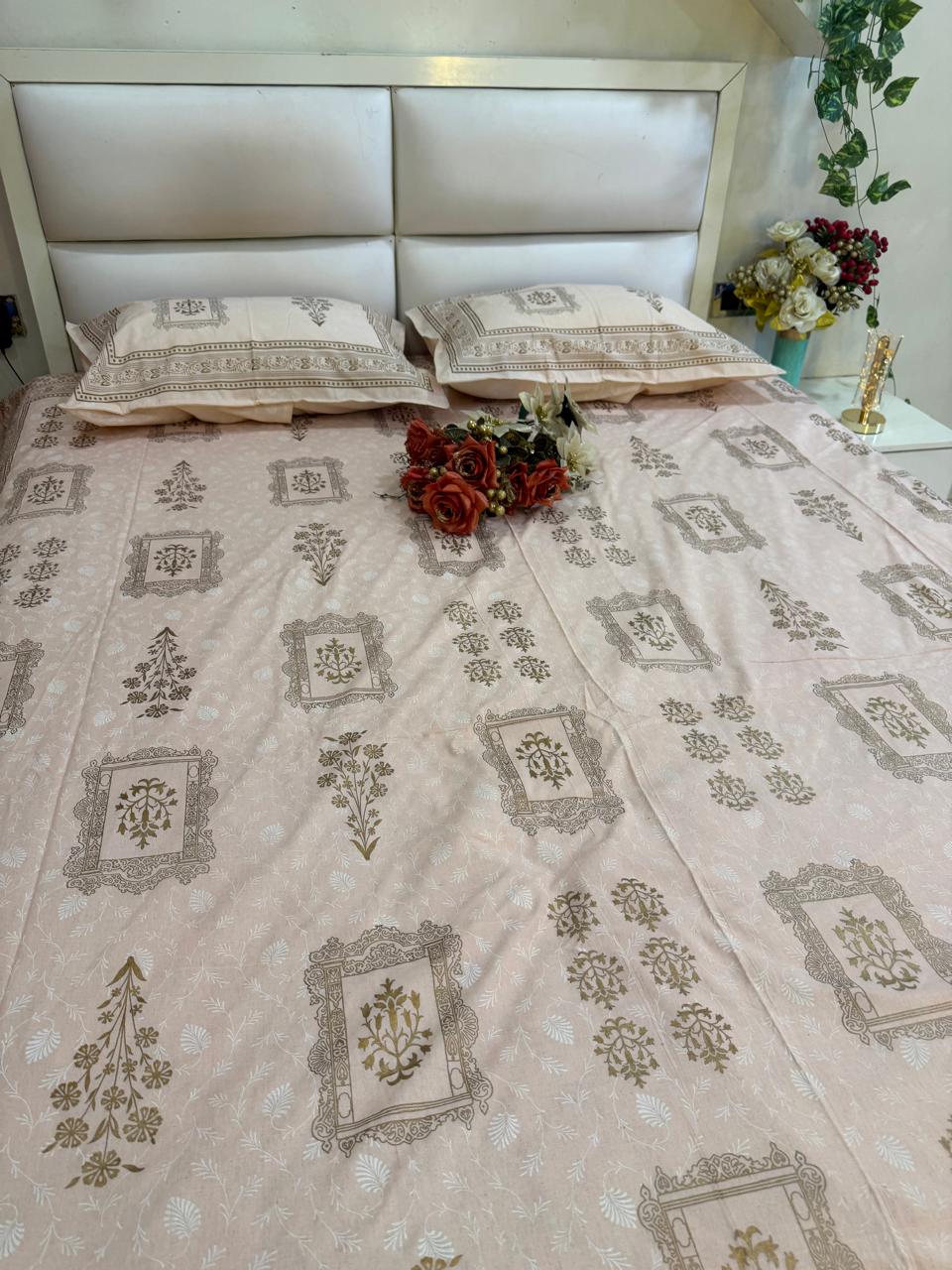 GOLD PRINT RECTANGLE MOTIFS PEACH PURE COTTON BEDHSEET