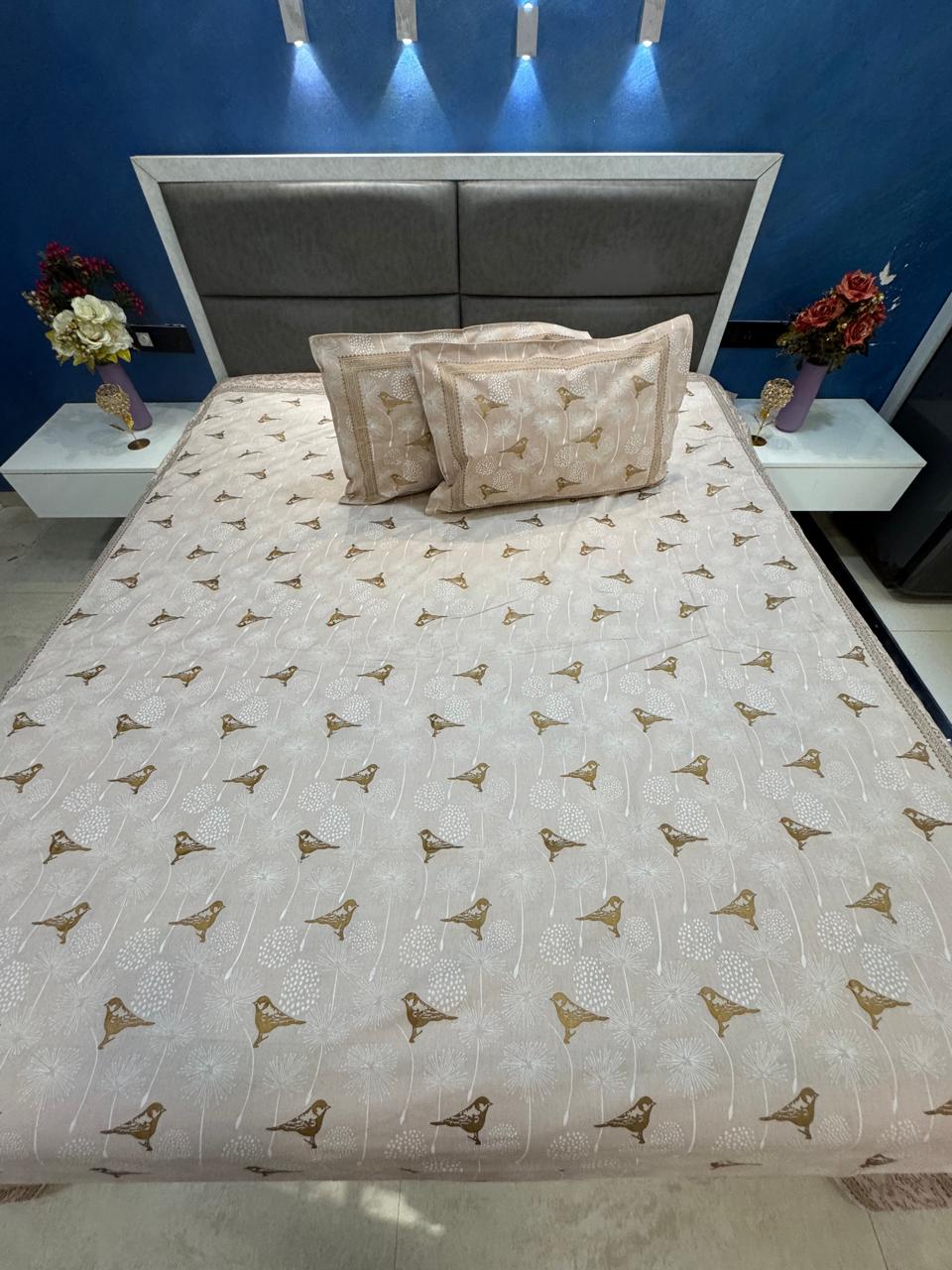 GOLD PRINT BIRD DESIGN PURE COTTON BEIGE BEDSHEET