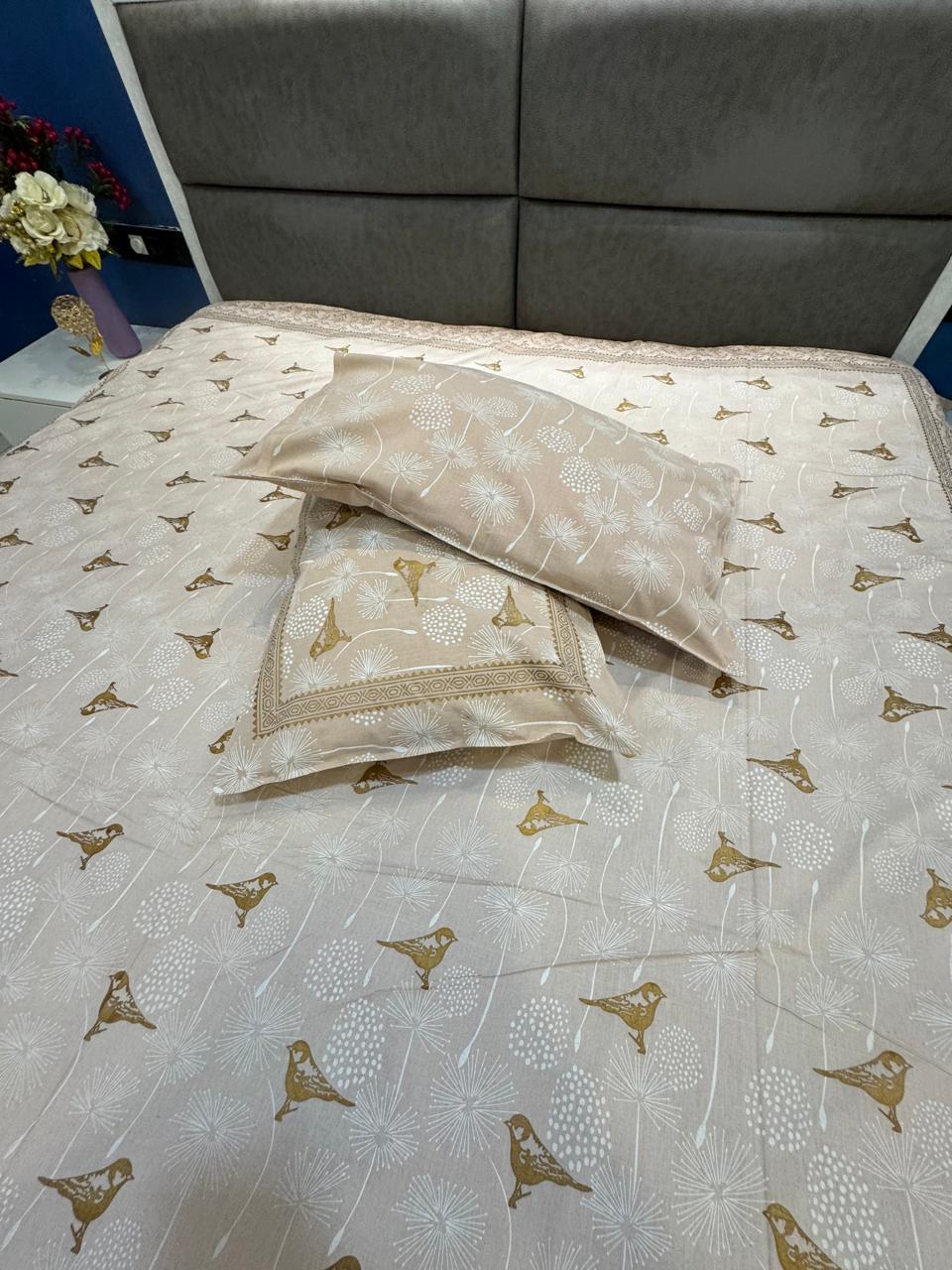 GOLD PRINT BIRD DESIGN PURE COTTON BEIGE BEDSHEET