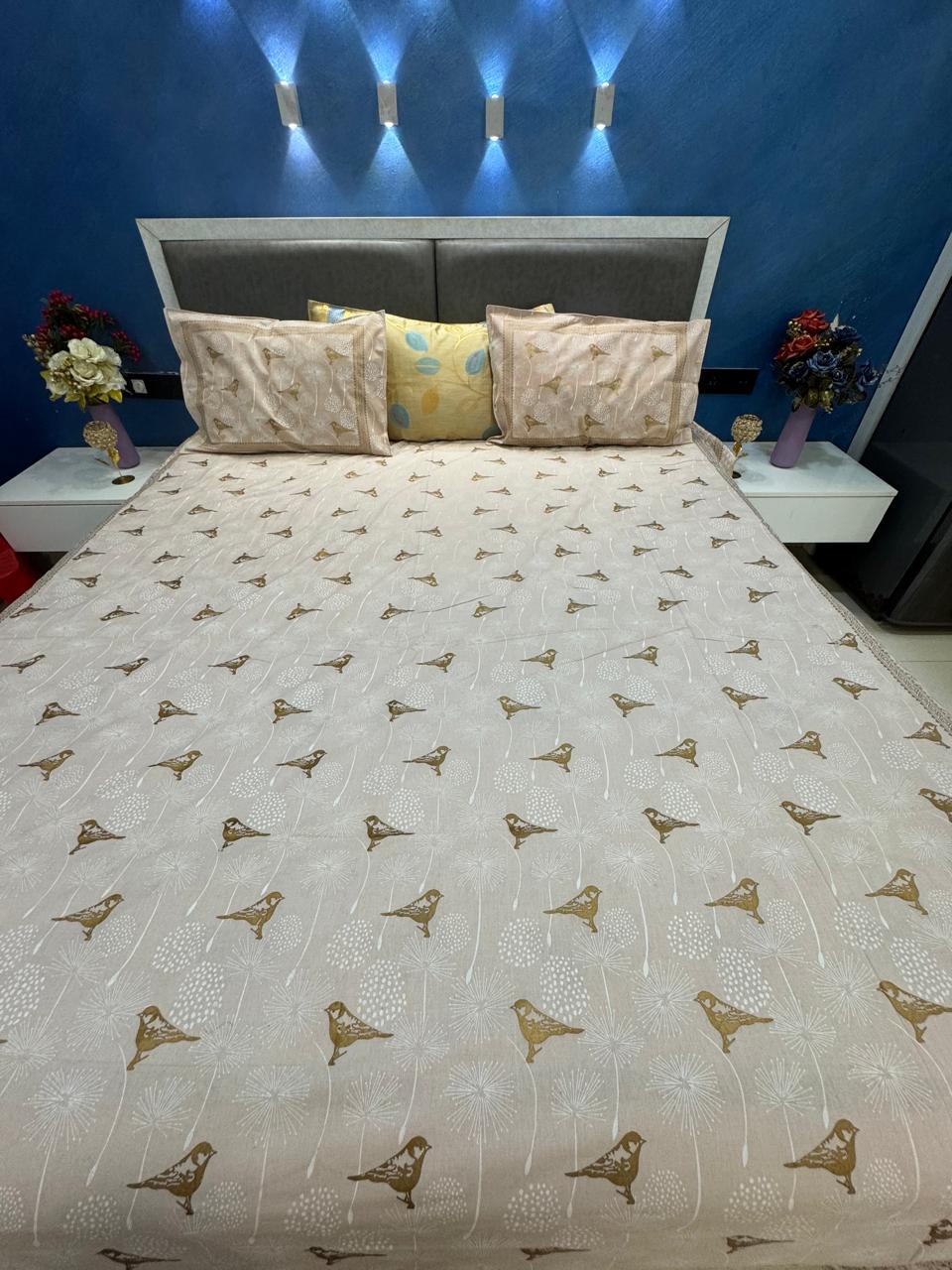 GOLD PRINT BIRD DESIGN PURE COTTON BEIGE BEDSHEET