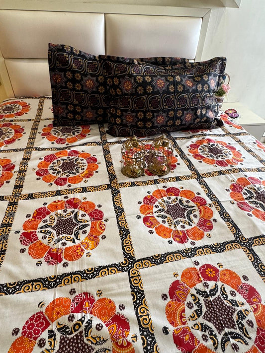 Pure Cotton Orange Chunri Print OFF WHITE Bedsheet