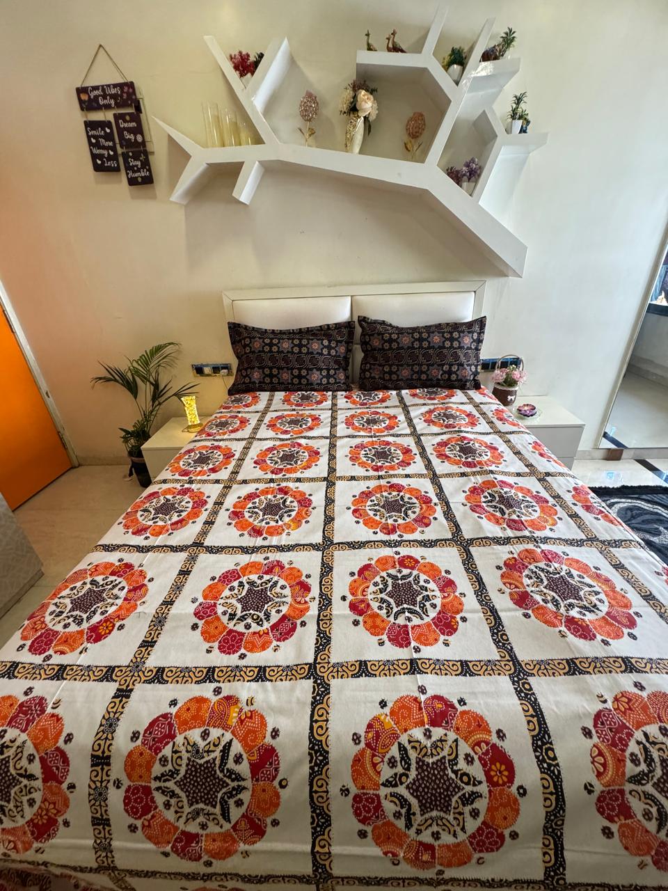 Pure Cotton Orange Chunri Print OFF WHITE Bedsheet