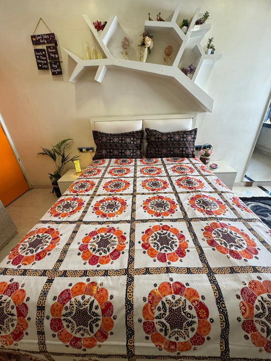 Pure Cotton Orange Chunri Print OFF WHITE Bedsheet