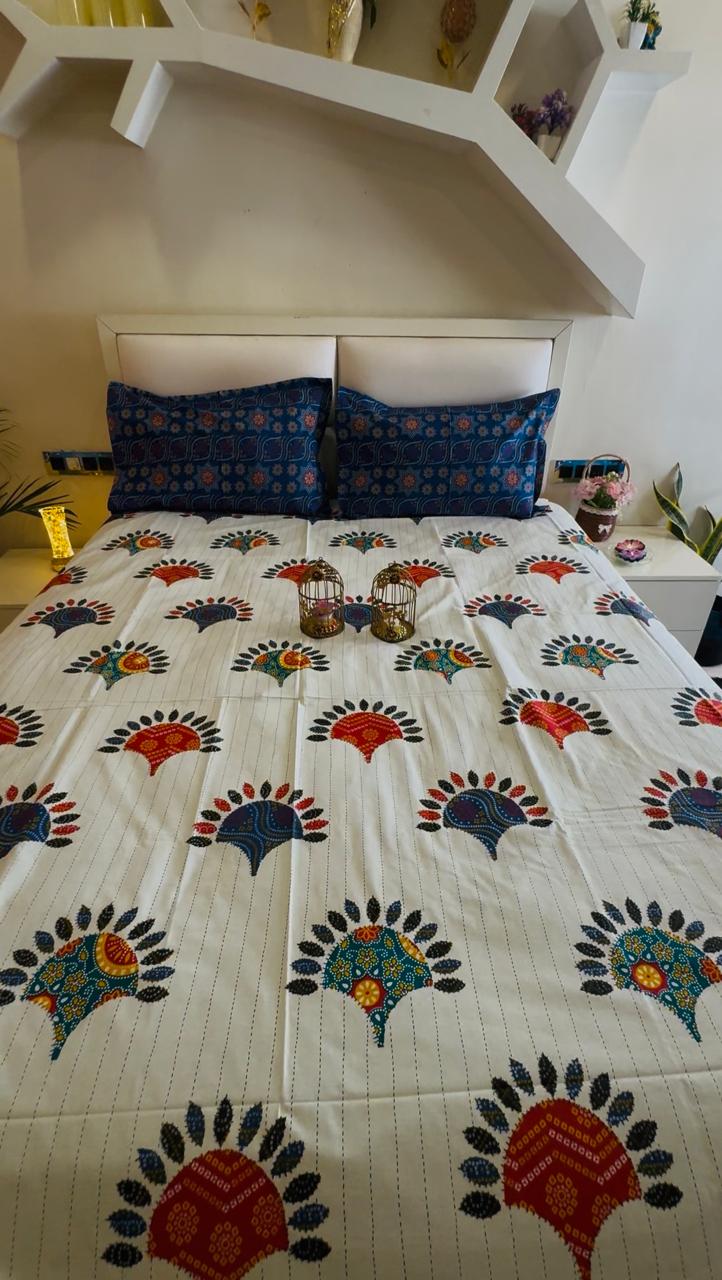 Pure Cotton Royal Blue Chunri Print OFF WHITE Bedsheet