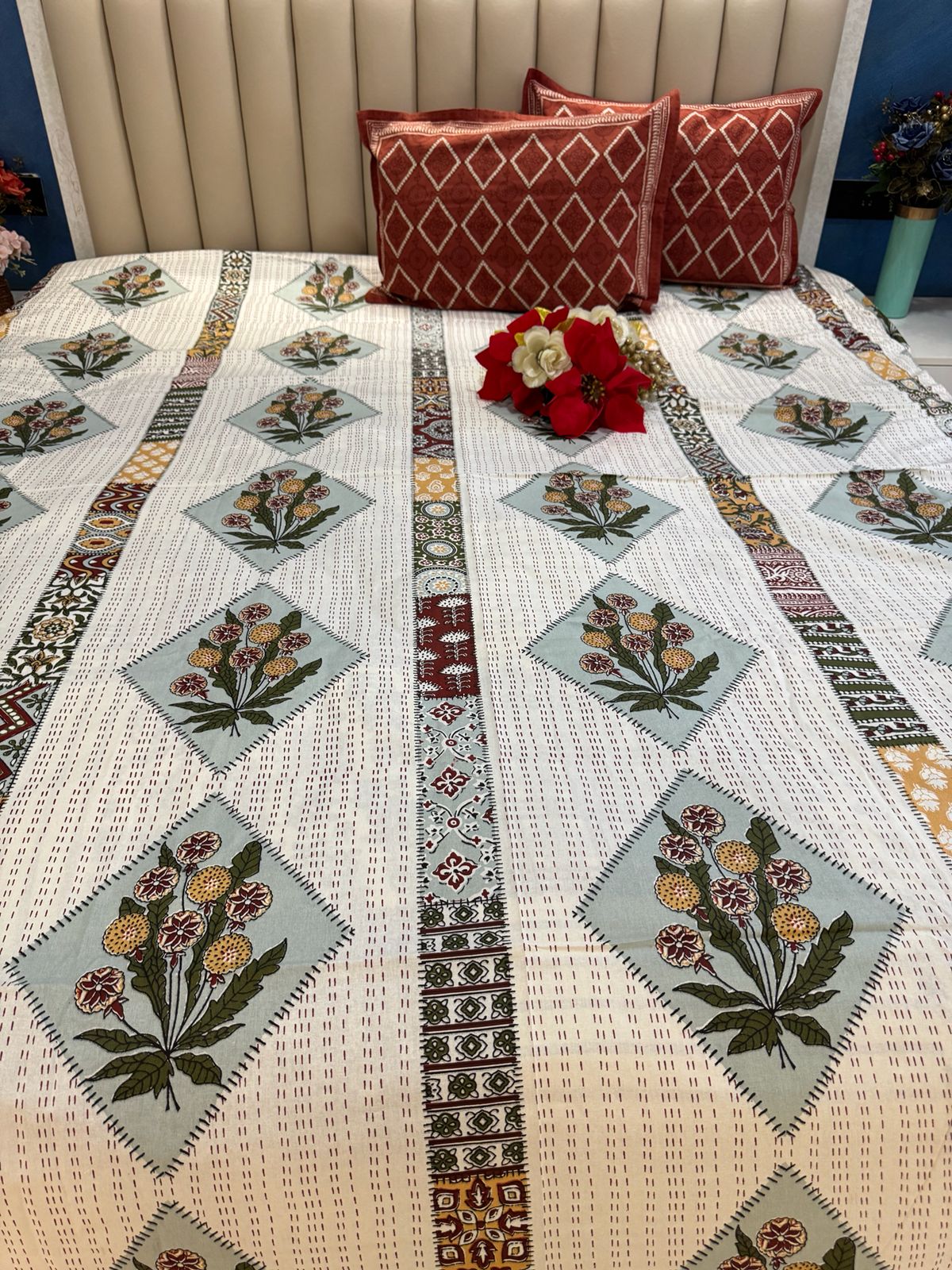 Pure Cotton Katha Work OFF White Bedsheet