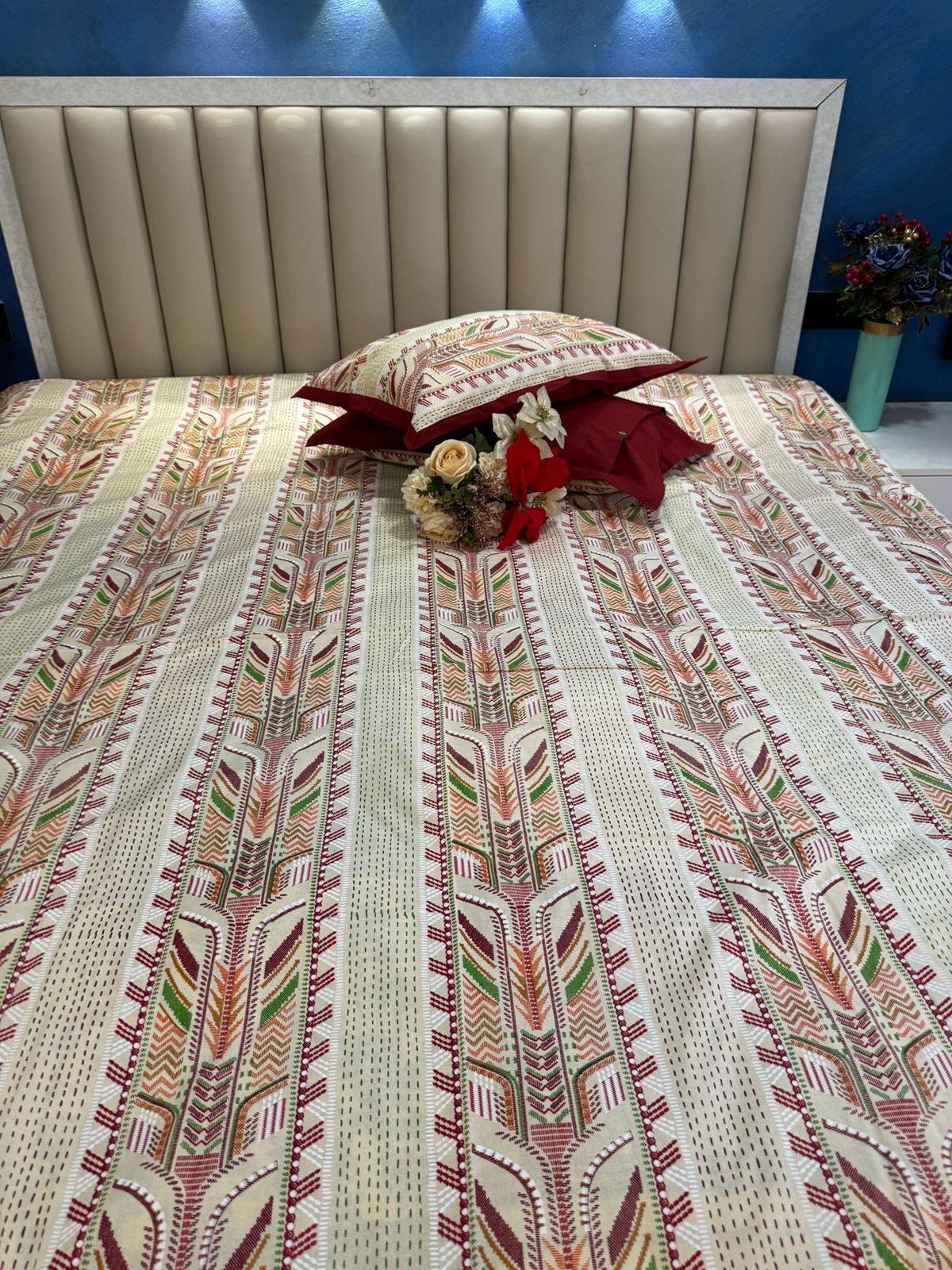 Pure Cotton Katha Work Striped Cream Bedsheet