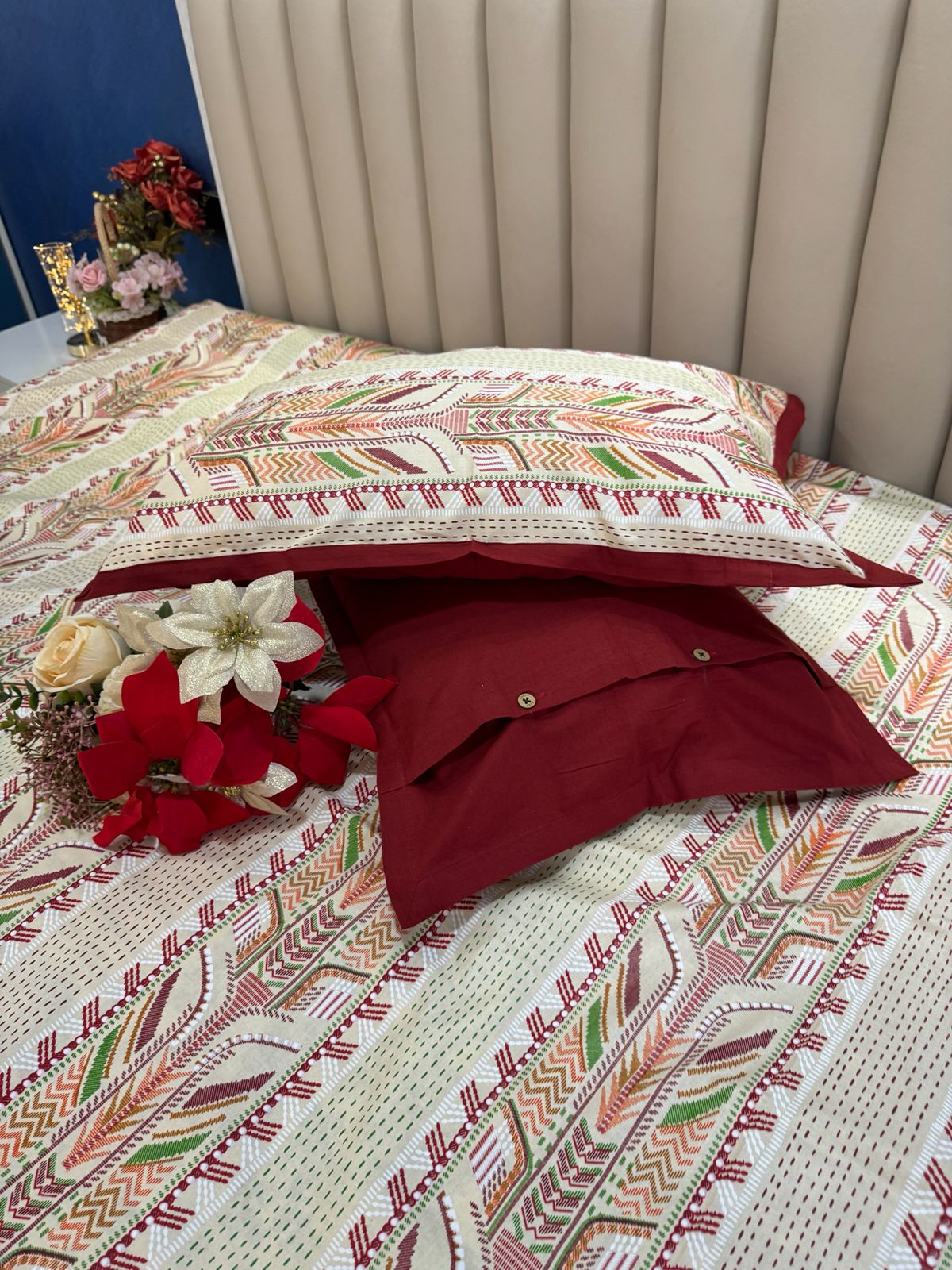 Pure Cotton Katha Work Striped Cream Bedsheet