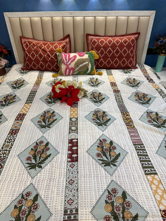 Pure Cotton Katha Work OFF White Bedsheet