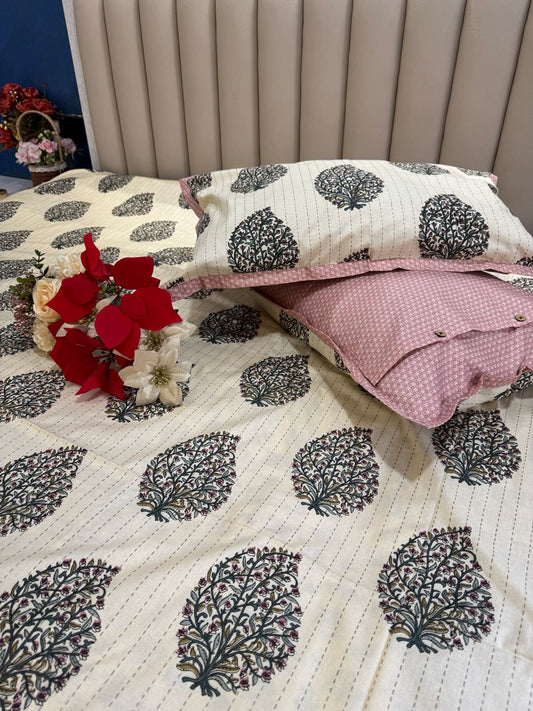 Pure Cotton Katha Work Cream Bedsheet