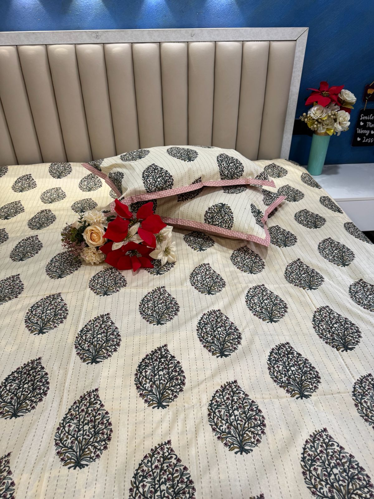 Pure Cotton Katha Work Cream Bedsheet