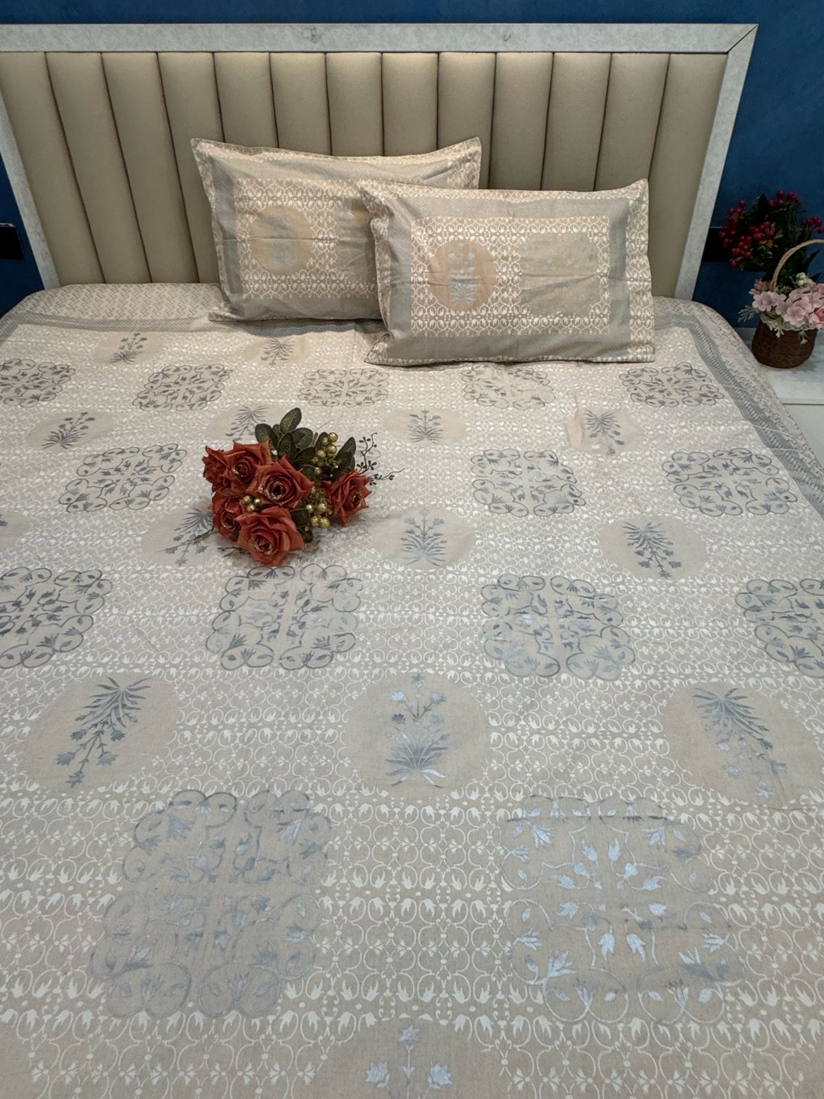 SILVER PRINT SQUARE MOTIFS LIGHT PEACH PURE COTTON BEDSHEET