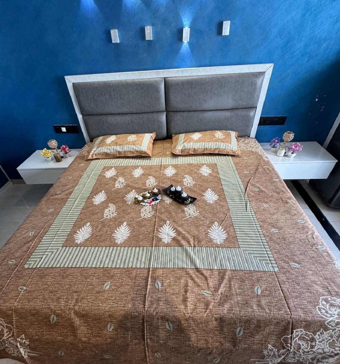 GIZA COTTON LEAF PRINTED SPICE ORANGE COLOUR KING SIZE  BEDSHEET