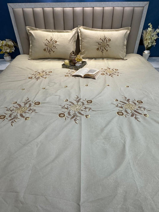 Soft Cotton Beige Embossed Embroidered Bedsheet Set