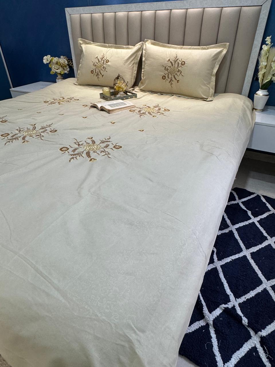 Soft Cotton Beige Embossed Embroidered Bedsheet Set