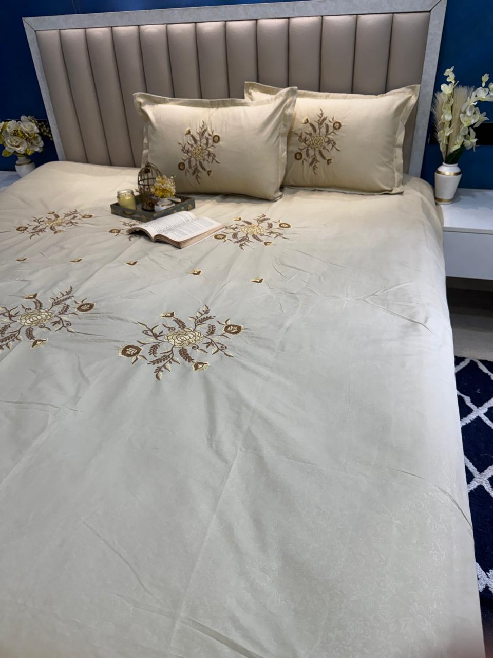 Soft Cotton Beige Embossed Embroidered Bedsheet Set