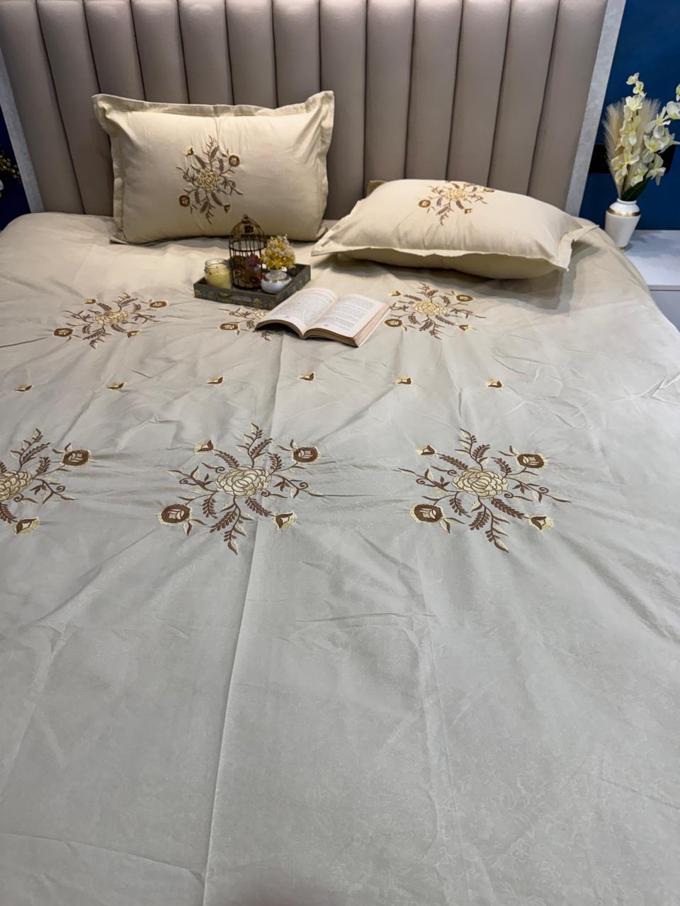 Soft Cotton Beige Embossed Embroidered Bedsheet Set