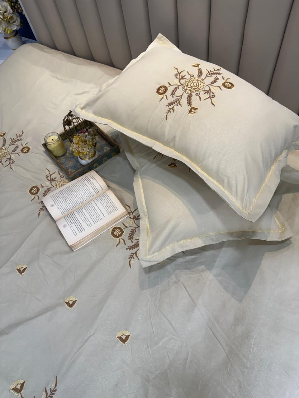 Soft Cotton Beige Embossed Embroidered Bedsheet Set