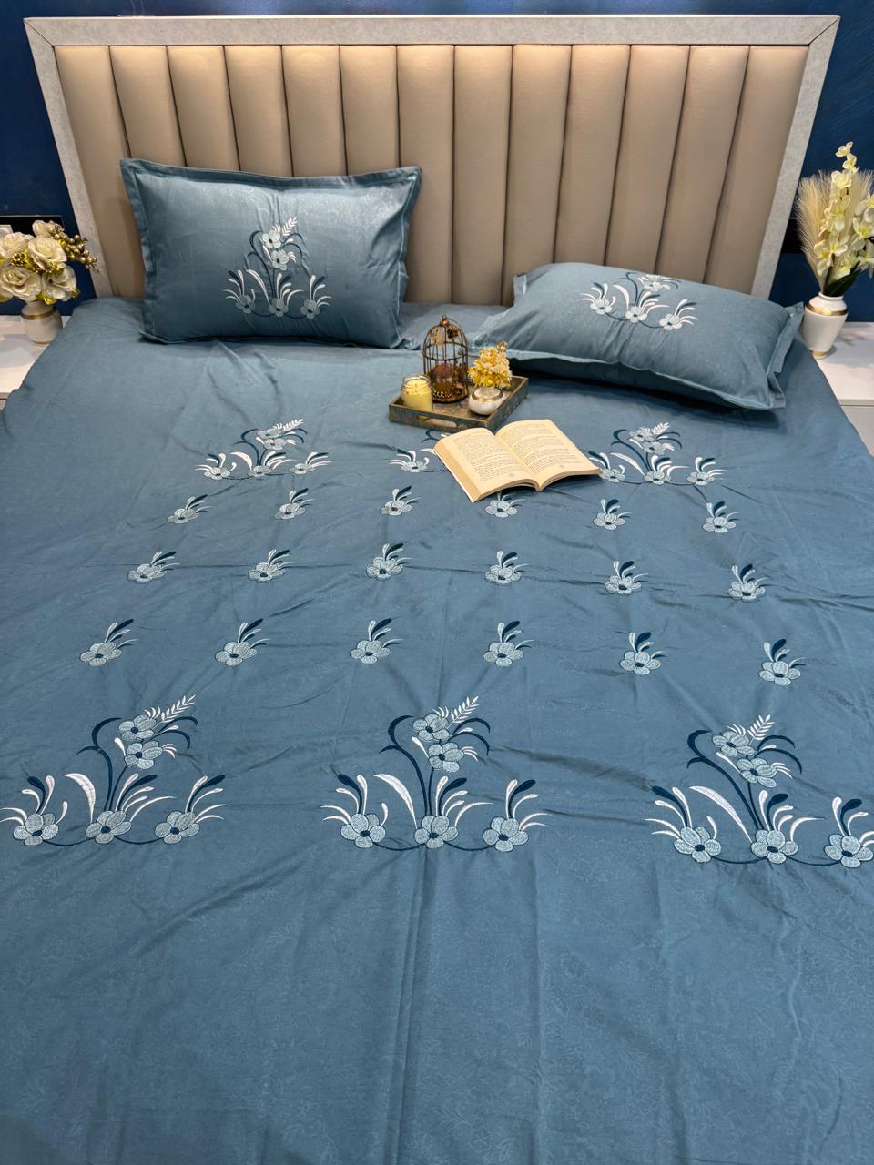 Soft Glacé Cotton Embossed Embroidery Bedsheet Set