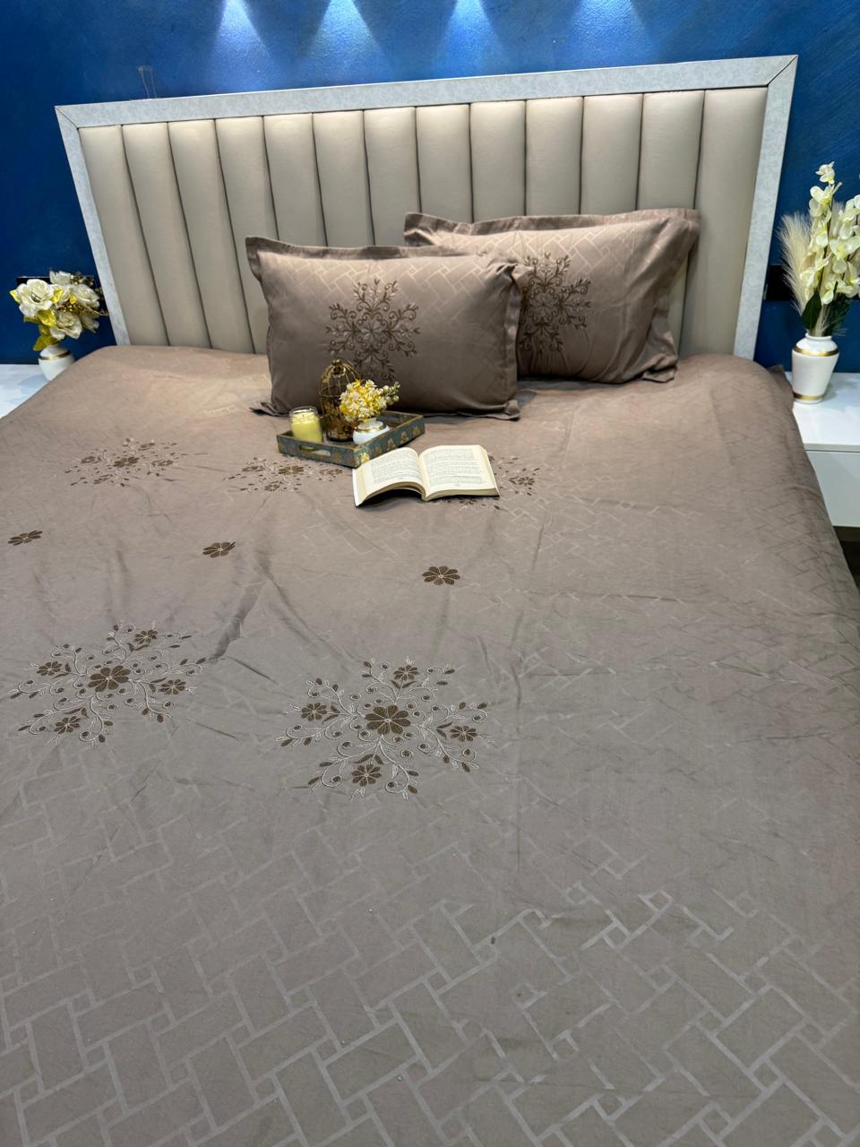 Soft Cotton Brown Embossed Embroidered Bedsheet Set