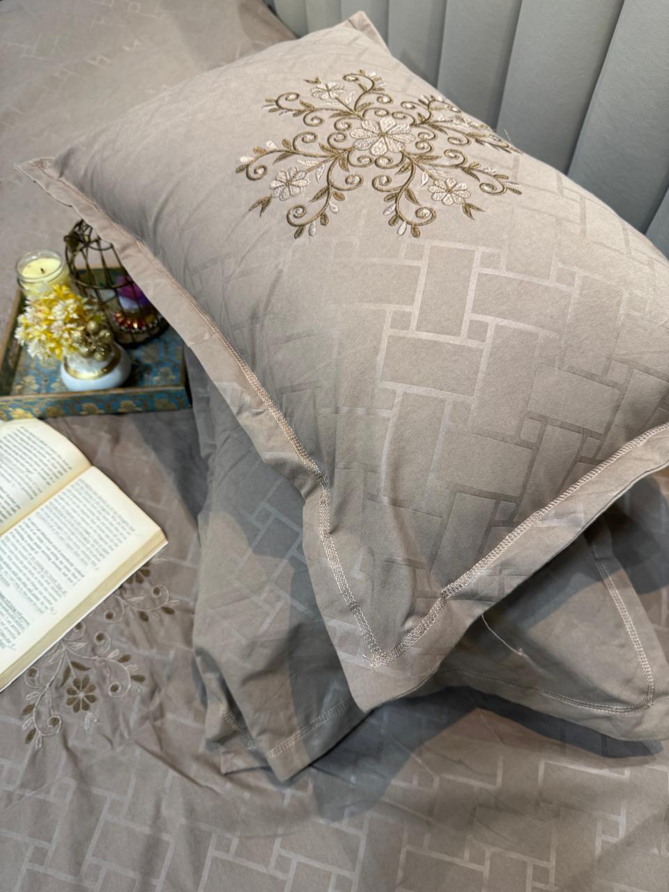 Soft Cotton Brown Embossed Embroidered Bedsheet Set