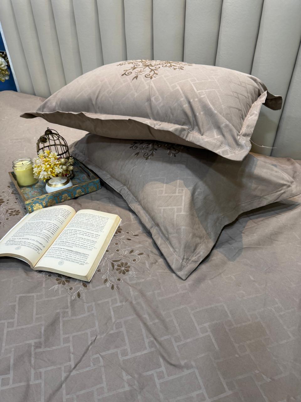 Soft Cotton Brown Embossed Embroidered Bedsheet Set