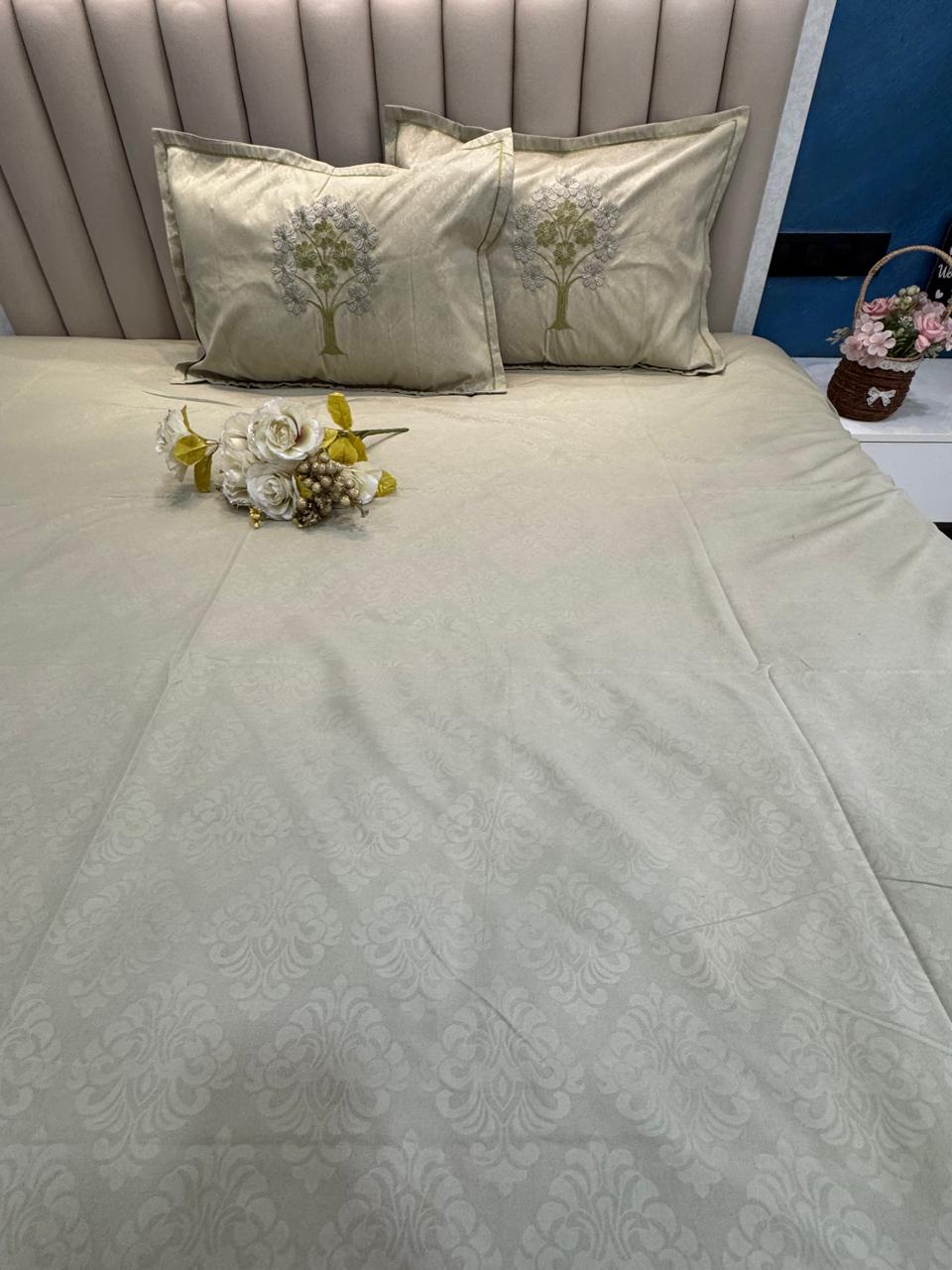 Soft Cotton Light Green Embossed Embroidery  Bedsheet Set