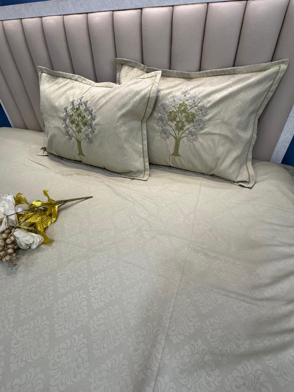 Soft Cotton Light Green Embossed Embroidery  Bedsheet Set