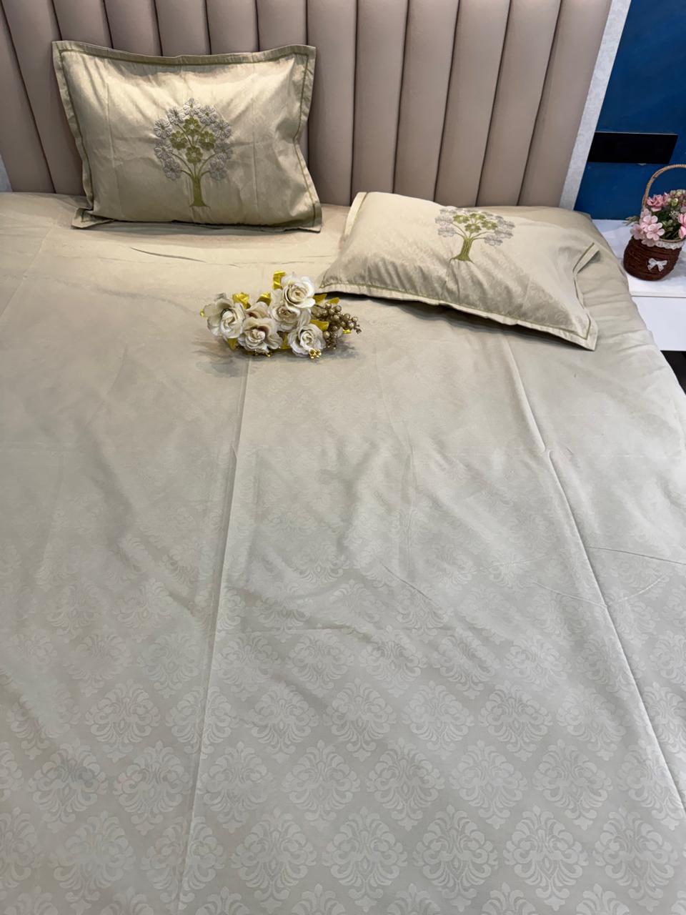 Soft Cotton Light Green Embossed Embroidery  Bedsheet Set