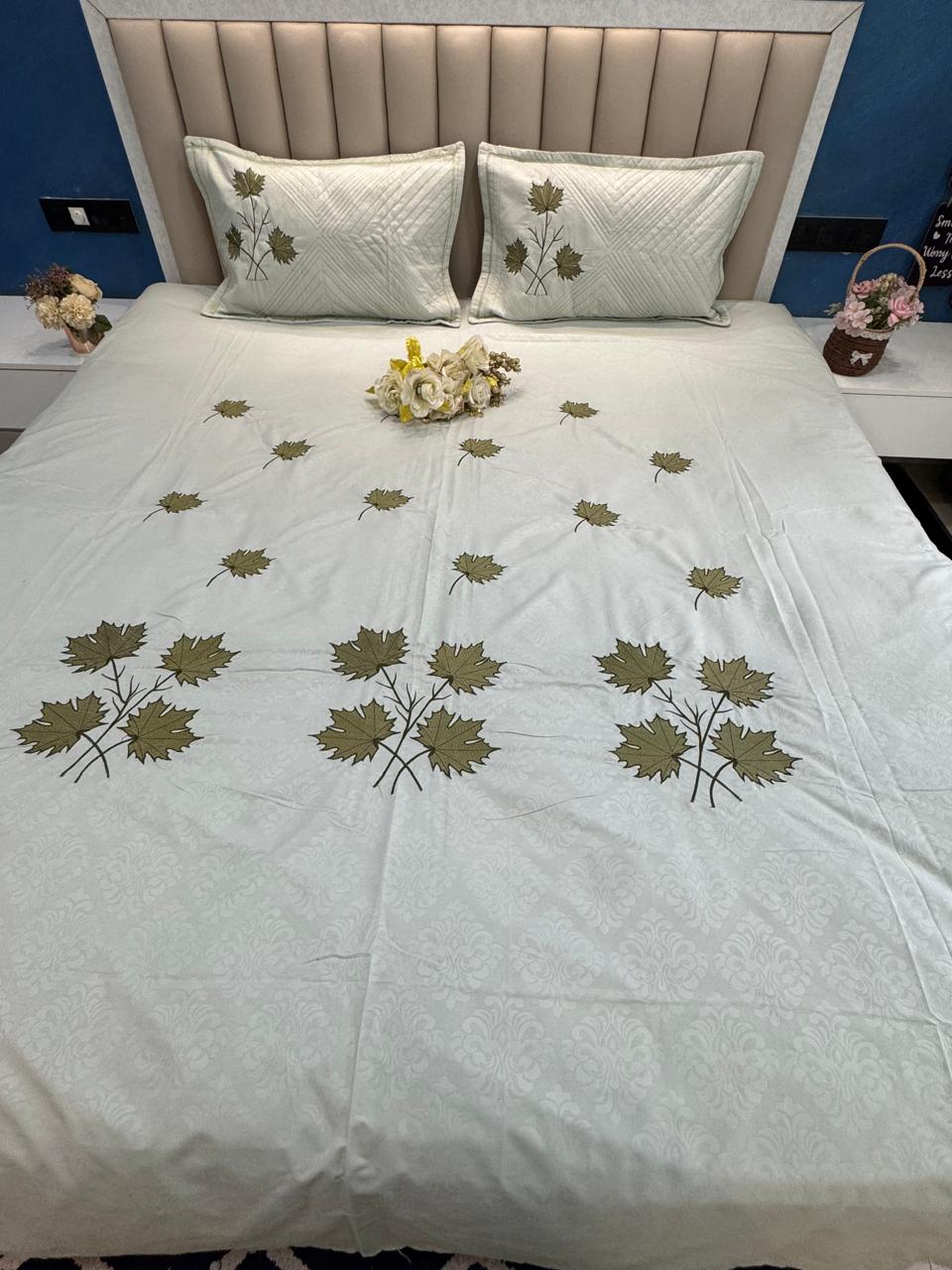Soft Cotton Pista Green Embossed Embroidery Bedsheet Set