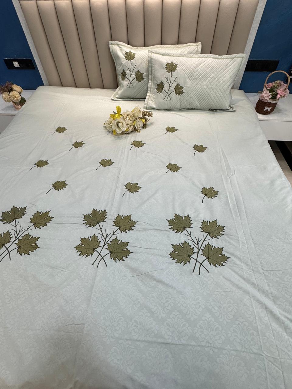 Soft Cotton Pista Green Embossed Embroidery Bedsheet Set