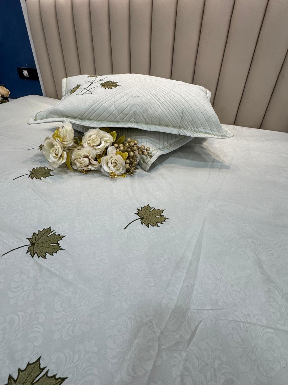 Soft Cotton Pista Green Embossed Embroidery Bedsheet Set