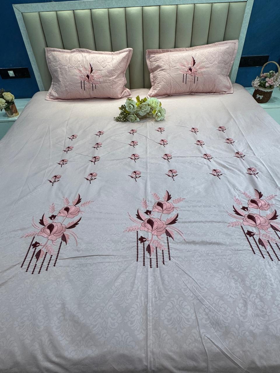 Soft Cotton Pink Embossed Embroidery  Bedsheet Set