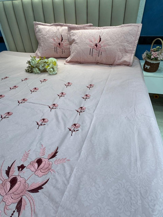 Soft Cotton Pink Embossed Embroidery  Bedsheet Set