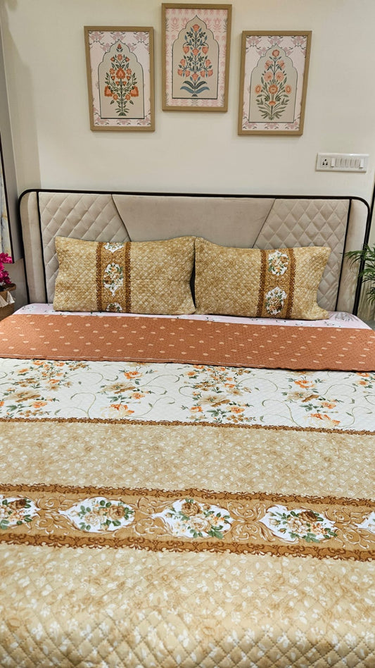 CADBURY KING SIZE REVERSIBLE FLORAL OFF WHITE BROWN BEDCOVER