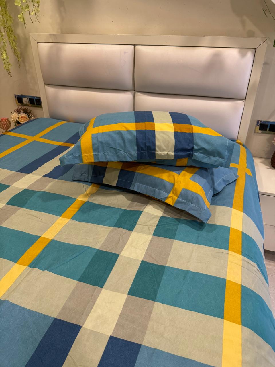BELLEZA BLUE  CHECKERED  DOUBLE SIZE MICROFIBER BEDSHEET