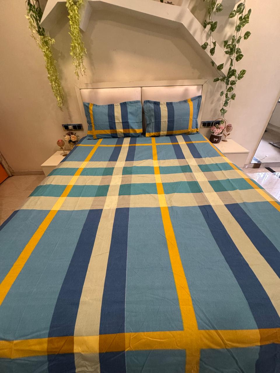 BELLEZA BLUE  CHECKERED  DOUBLE SIZE MICROFIBER BEDSHEET