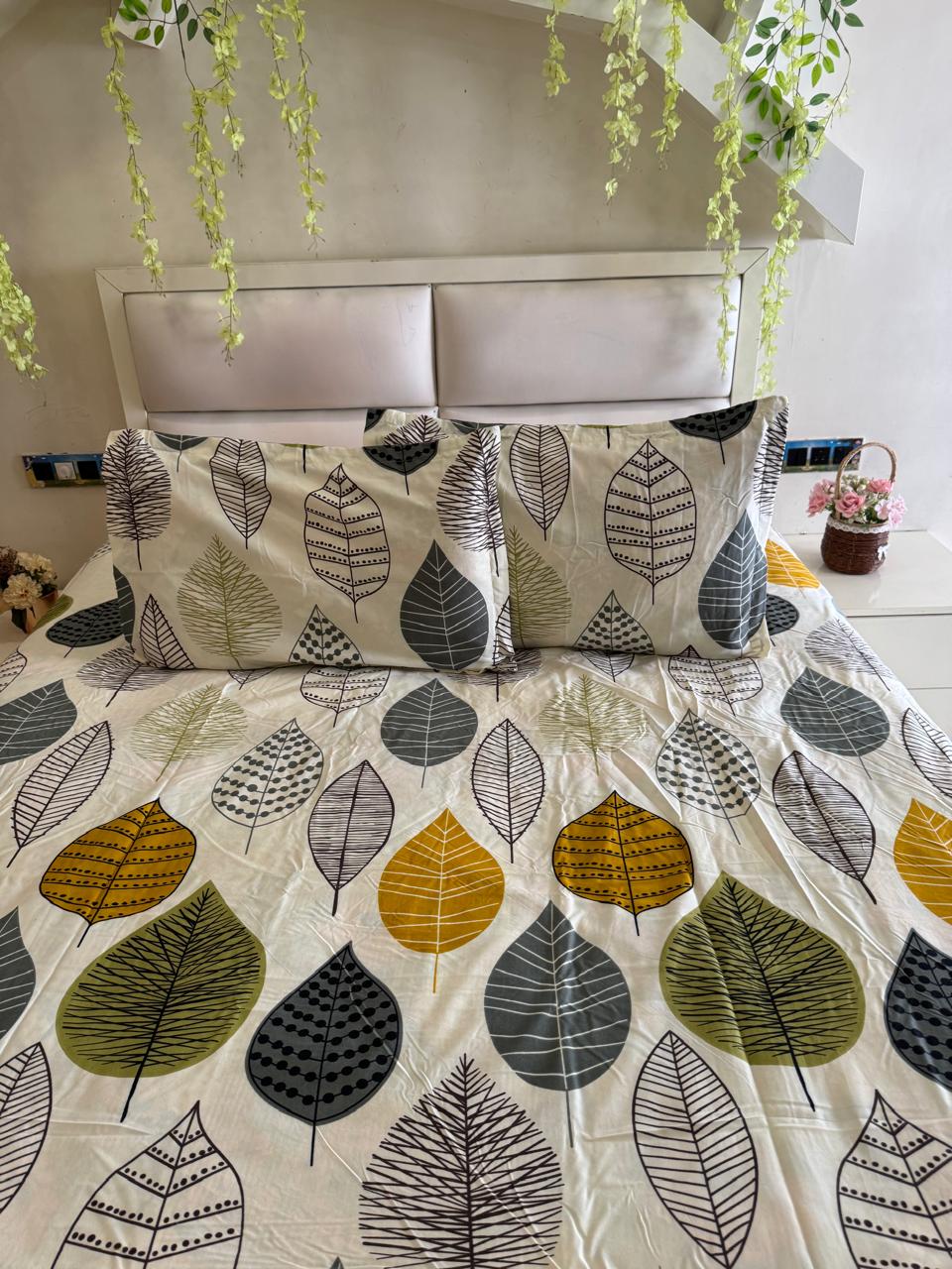 BELLEZA LEAF PRINT OFF WHITE COLOUR  DOUBLE SIZE MICROFIBER BEDSHEET
