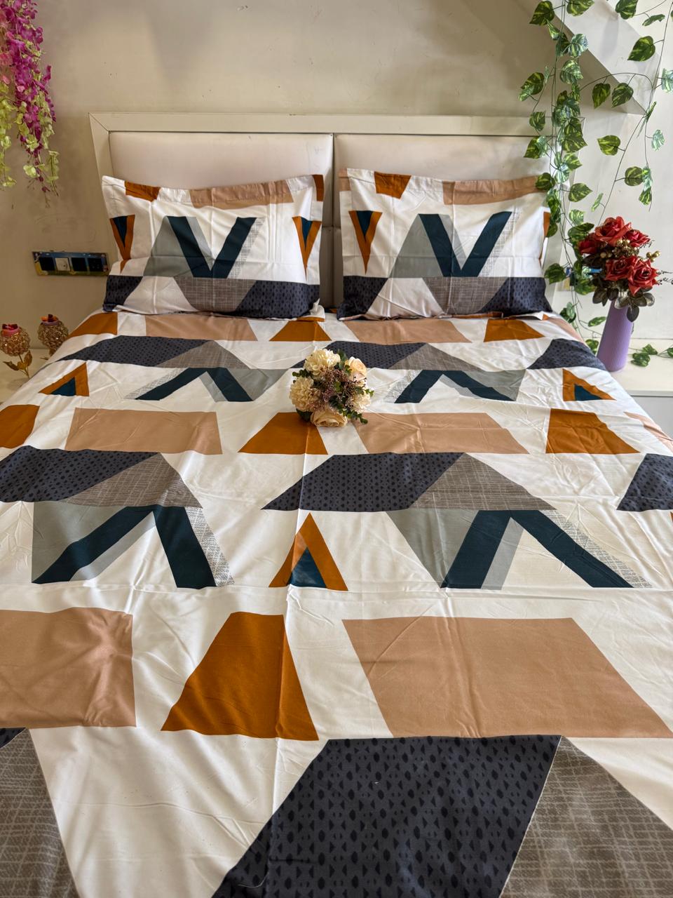 DIGITALART EARTHY MULTICOLOUR GREY ZIGZAG KING SIZE BEDSHEET