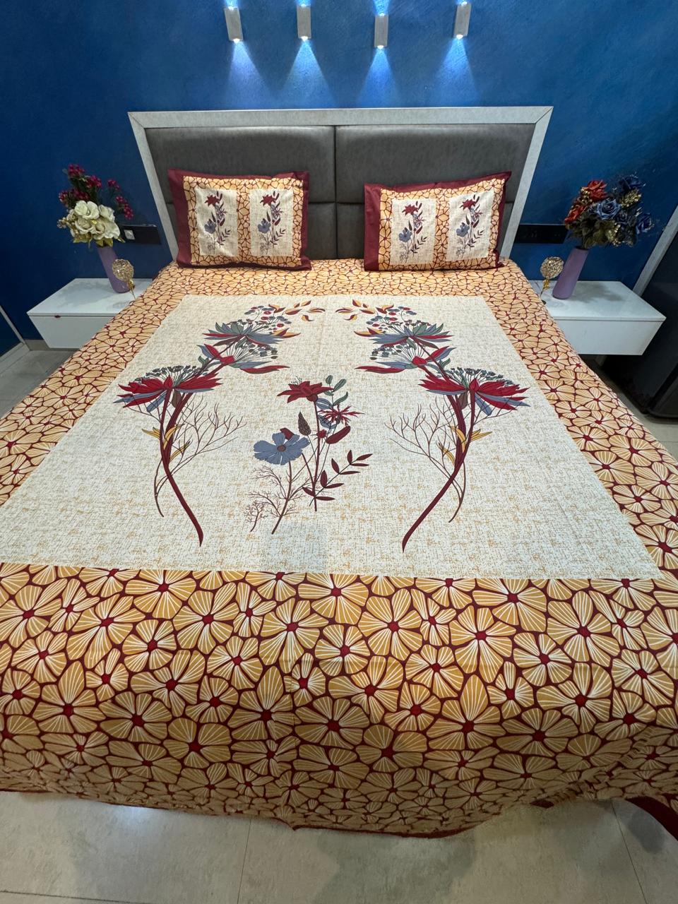 ECUADOR ORANGE- MAROON FLORAL COTTON QUEEN SIZE BEDSHEET