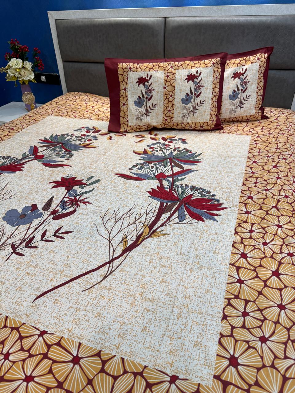 ECUADOR ORANGE- MAROON FLORAL COTTON QUEEN SIZE BEDSHEET