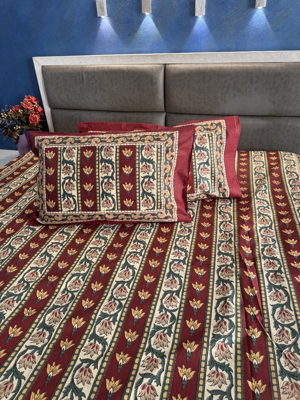 ECUADOR MAROON - CREAM VERTICAL FLORAL LINED  COTTON QUEEN SIZE BEDSHEET